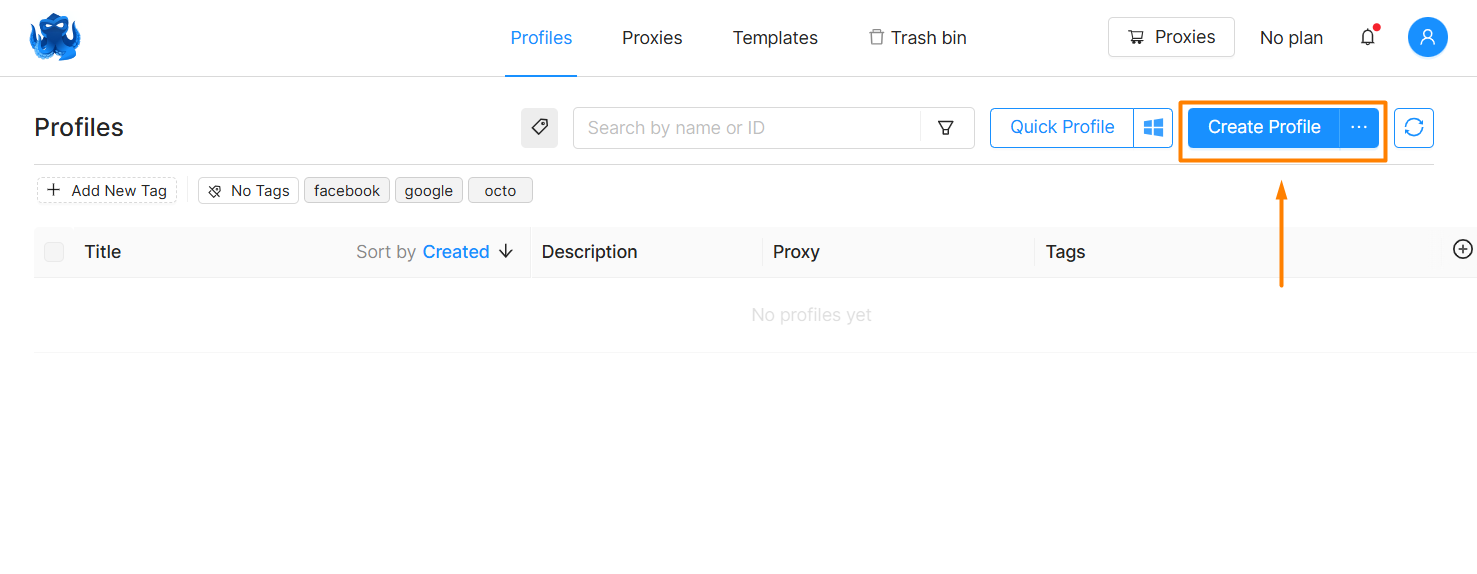 Octo Browser profile creation interface